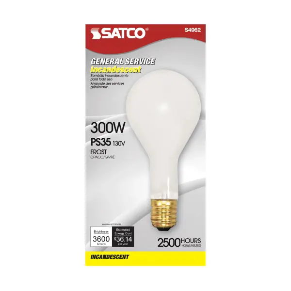 300 Watt PS35 Incandescent - Frost - 2500 Average rated hours - 3600 Lumens - Mogul base - 130 Volt - alternate view