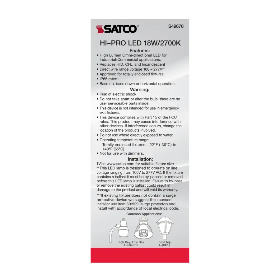 18 Watt LED HID Replacement - 80 CRI - 2700K - Type B - Ballast Bypass - Medium base - Economy Hi-Pro - Image 7
