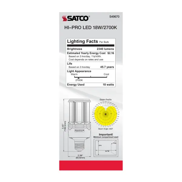 18 Watt LED HID Replacement - 80 CRI - 2700K - Type B - Ballast Bypass - Medium base - Economy Hi-Pro - Image 8