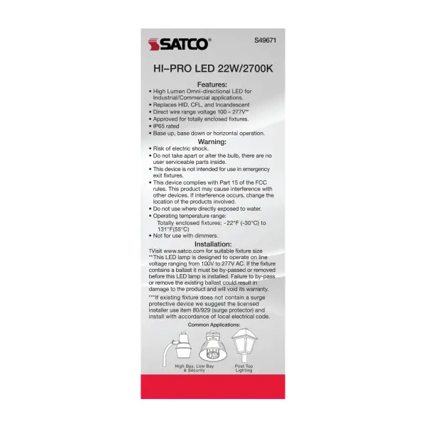 22 Watt LED HID Replacement - 80 CRI - 2700K - Type B - Ballast Bypass - Medium base - Economy Hi-Pro - Image 7