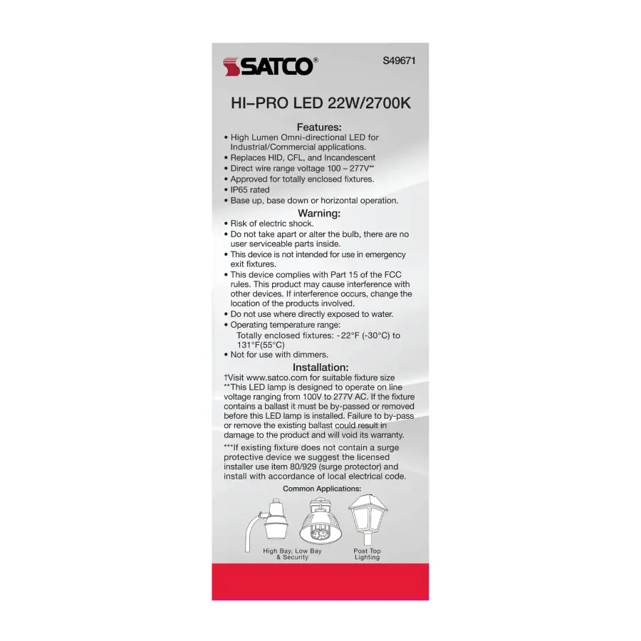 22 Watt LED HID Replacement - 80 CRI - 2700K - Type B - Ballast Bypass - Medium base - Economy Hi-Pro - Image 7