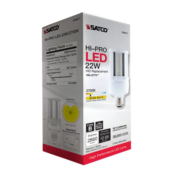 22 Watt LED HID Replacement - 80 CRI - 2700K - Type B - Ballast Bypass - Medium base - Economy Hi-Pro - Image 9