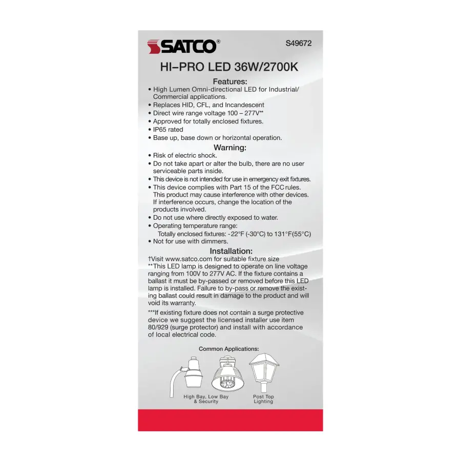 36 Watt LED HID Replacement - 80 CRI - 2700K - Type B - Ballast Bypass - Medium base - Economy Hi-Pro - Image 7