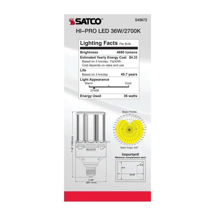 36 Watt LED HID Replacement - 80 CRI - 2700K - Type B - Ballast Bypass - Medium base - Economy Hi-Pro - Image 8