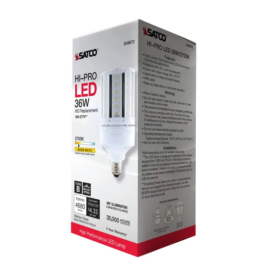 36 Watt LED HID Replacement - 80 CRI - 2700K - Type B - Ballast Bypass - Medium base - Economy Hi-Pro - Image 10