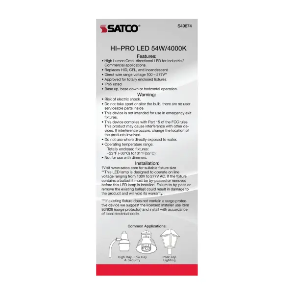 54 Watt LED HID Replacement - 4000K - Extended Mogul base - Type B Ballast Bypass - Economy Hi-Pro - Image 7