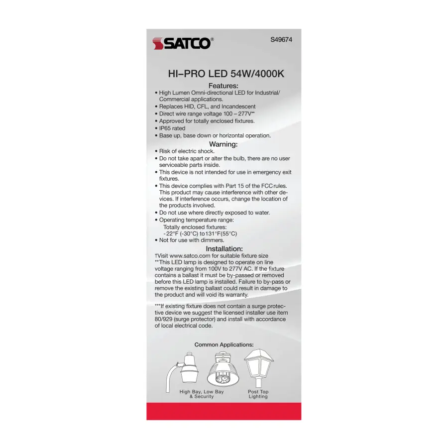 54 Watt LED HID Replacement - 4000K - Extended Mogul base - Type B Ballast Bypass - Economy Hi-Pro - Image 7