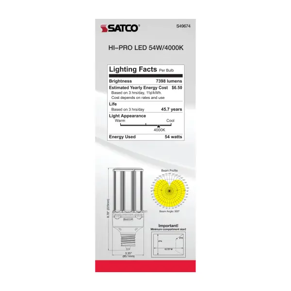 54 Watt LED HID Replacement - 4000K - Extended Mogul base - Type B Ballast Bypass - Economy Hi-Pro - Image 8