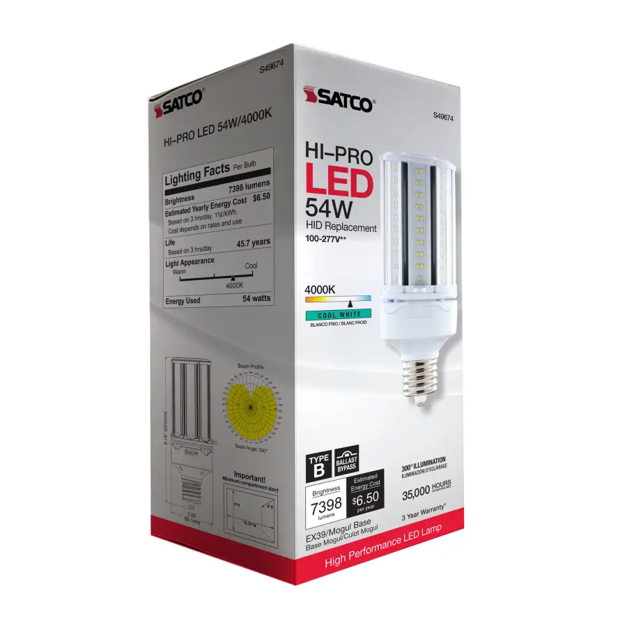 54 Watt LED HID Replacement - 4000K - Extended Mogul base - Type B Ballast Bypass - Economy Hi-Pro - Image 9