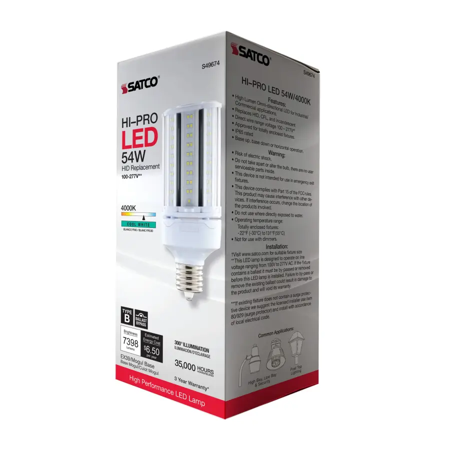 54 Watt LED HID Replacement - 4000K - Extended Mogul base - Type B Ballast Bypass - Economy Hi-Pro - Image 10