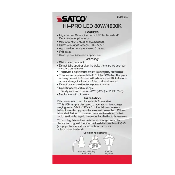 80 Watt LED HID Replacement - 4000K - Extended Mogul base - Type B Ballast Bypass - Economy Hi-Pro - Image 7