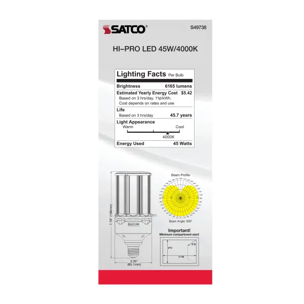 45 Watt LED HID Replacement - 80 CRI - 4000K - Type B - Ballast Bypass - Medium base - Economy Hi-Pro - Image 8