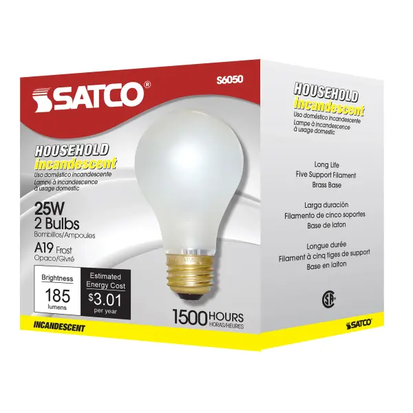 25 Watt A19 Incandescent - Frost - 1500 Average rated hours - 180 Lumens - Medium base - 120 Volt - 2-Pk - Image 3