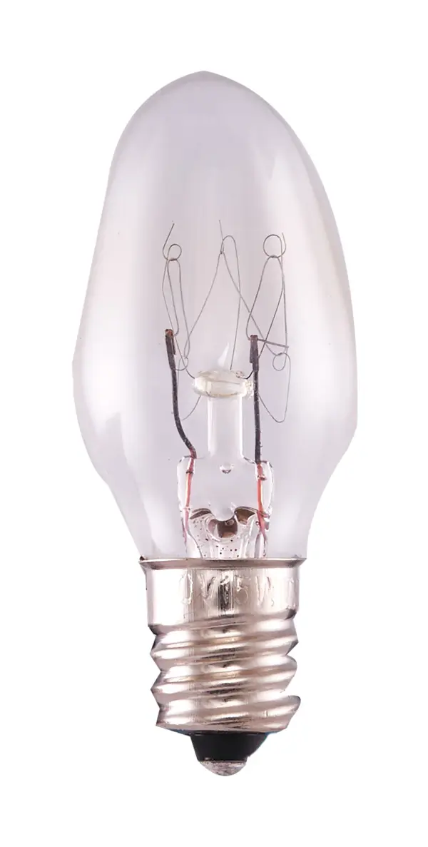 Satco's 15 watt C7 based lamp provides warm white light. The clear, incandescent bulb features a candelabra base and 100 CRI. Ideal for use in a night light or holiday lamp.