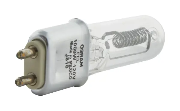 Satco's 1000 watt halogen T-shaped miniature light bulb for easy, push in installation. The clear, halogen bulb features a bi pin G9.5 base and a 360 degree beam spread. At a temperature of 3200 kelvins, this lamp provides 100 CRI of neutral white light. - alternate view