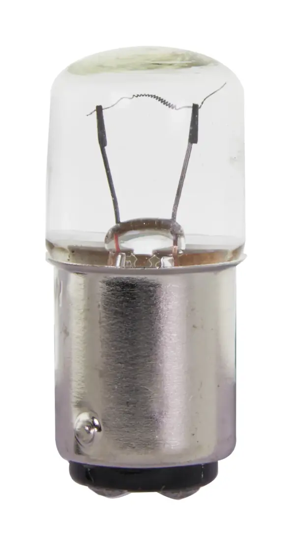 Satco's 5-watt clear Incandescent miniature bulb features a double contact bayonet base and offers warm white light. This clear, miniature bulb has a 360 degree beam spread.