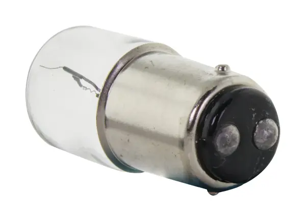 Satco's 5-watt clear Incandescent miniature bulb features a double contact bayonet base and offers warm white light. This clear, miniature bulb has a 360 degree beam spread. - alternate view