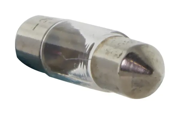 Satco's 3 watt miniature SV7-8 double contact bulbs lights up tight spaces without drawing a lot of energy. The miniature clear bulb features a festoon base and T2-3/4 shape. At a temperature of 2700 kelvins, this lamp provides 100 CRI of warm white light. - alternate view