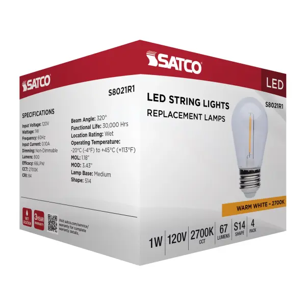 S14 LED String Light Replacement Lamp - Medium Base - 2700K - Clear - 120 Volt - 4-Pack - Image 8