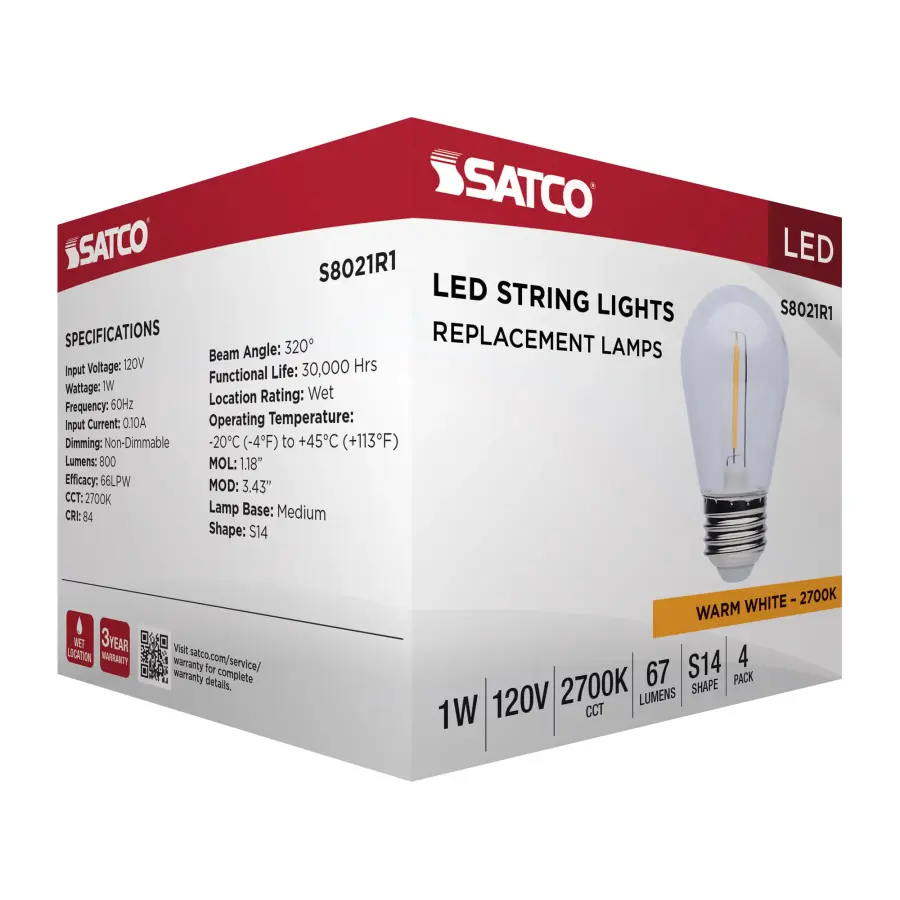 S14 LED String Light Replacement Lamp - Medium Base - 2700K - Clear - 120 Volt - 4-Pack - Image 8