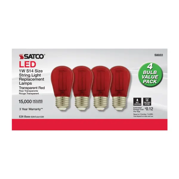 1 Watt - S14 LED Filament - Red Transparent Glass Bulb - E26 Base - 120 Volt - Non-Dimmable - Pack of 4 - Image 2