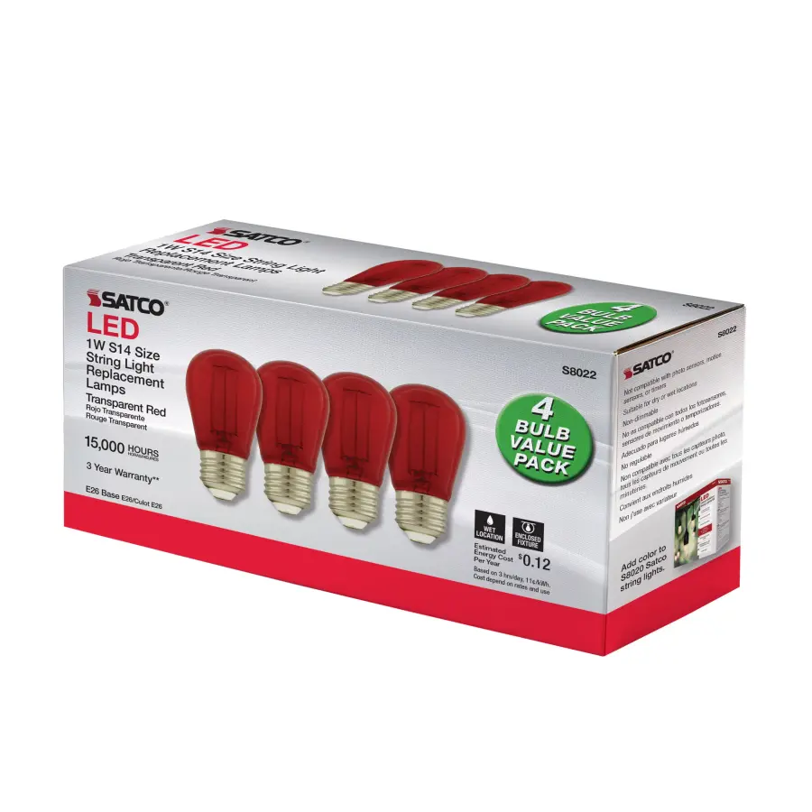 1 Watt - S14 LED Filament - Red Transparent Glass Bulb - E26 Base - 120 Volt - Non-Dimmable - Pack of 4 - Image 8
