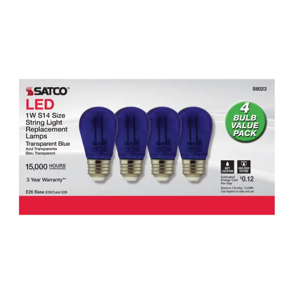 1 Watt - S14 LED Filament - Blue Transparent Glass Bulb - E26 Base - 120 Volt - Non-Dimmable - Pack of 4 - Image 2