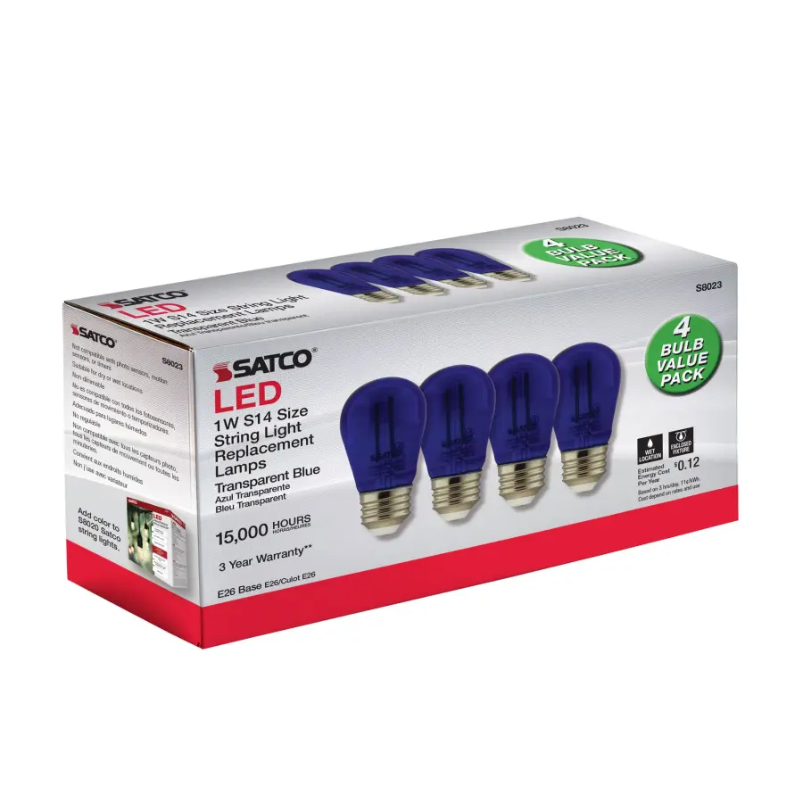 1 Watt - S14 LED Filament - Blue Transparent Glass Bulb - E26 Base - 120 Volt - Non-Dimmable - Pack of 4 - Image 7