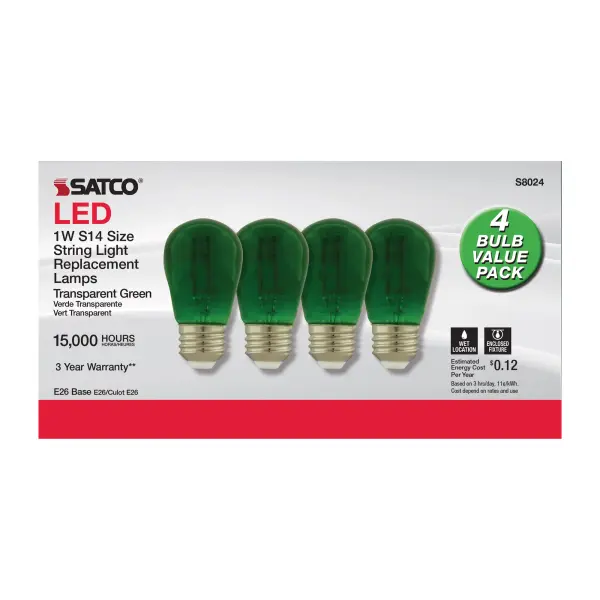 1 Watt - S14 LED Filament - Green Transparent Glass Bulb - E26 Base - 120 Volt - Non-Dimmable - Pack of 4 - Image 3