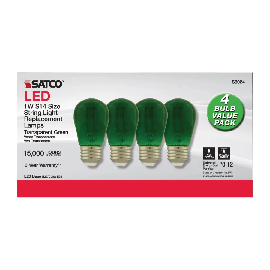 1 Watt - S14 LED Filament - Green Transparent Glass Bulb - E26 Base - 120 Volt - Non-Dimmable - Pack of 4 - Image 3