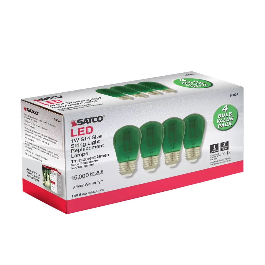 1 Watt - S14 LED Filament - Green Transparent Glass Bulb - E26 Base - 120 Volt - Non-Dimmable - Pack of 4 - Image 7