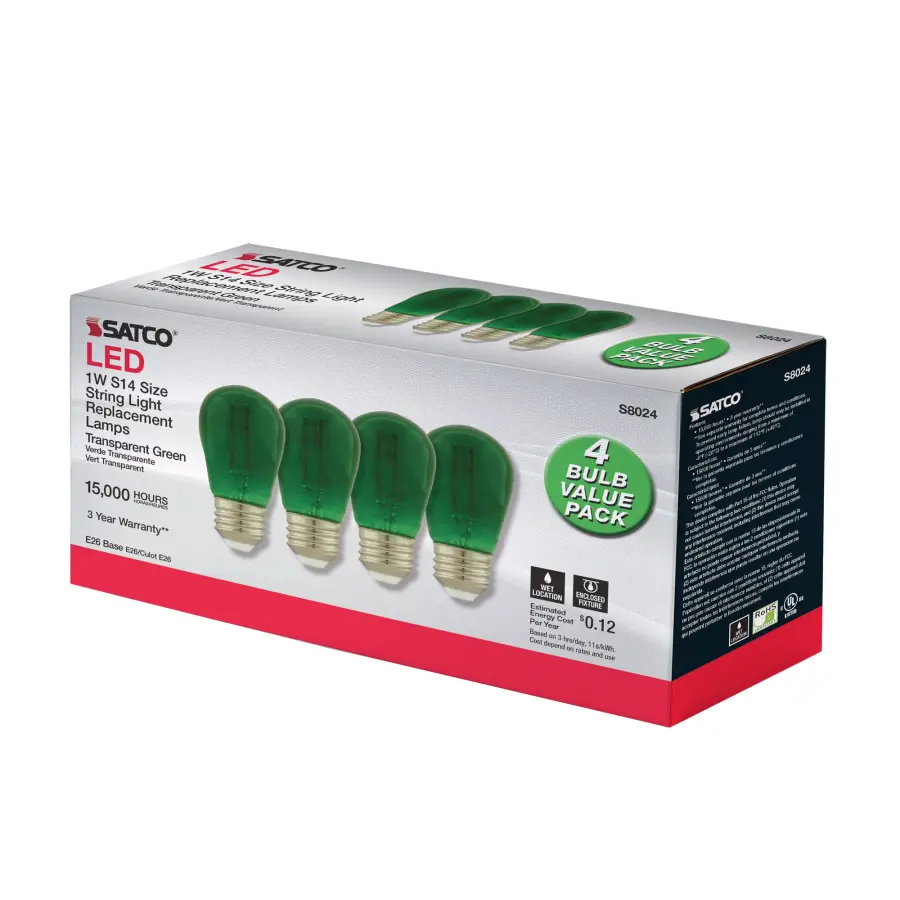 1 Watt - S14 LED Filament - Green Transparent Glass Bulb - E26 Base - 120 Volt - Non-Dimmable - Pack of 4 - Image 8