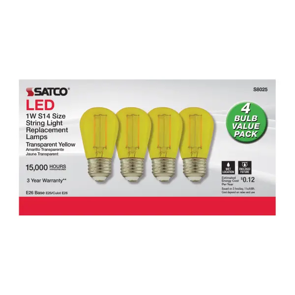 1 Watt - S14 LED Filament - Yellow Transparent Glass Bulb - E26 Base - 120 Volt - Non-Dimmable - Pack of 4 - Image 2