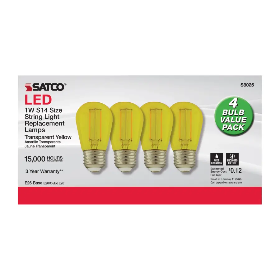 1 Watt - S14 LED Filament - Yellow Transparent Glass Bulb - E26 Base - 120 Volt - Non-Dimmable - Pack of 4 - Image 2