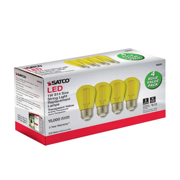 1 Watt - S14 LED Filament - Yellow Transparent Glass Bulb - E26 Base - 120 Volt - Non-Dimmable - Pack of 4 - Image 7