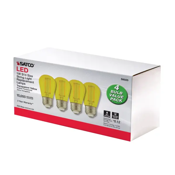 1 Watt - S14 LED Filament - Yellow Transparent Glass Bulb - E26 Base - 120 Volt - Non-Dimmable - Pack of 4 - Image 8