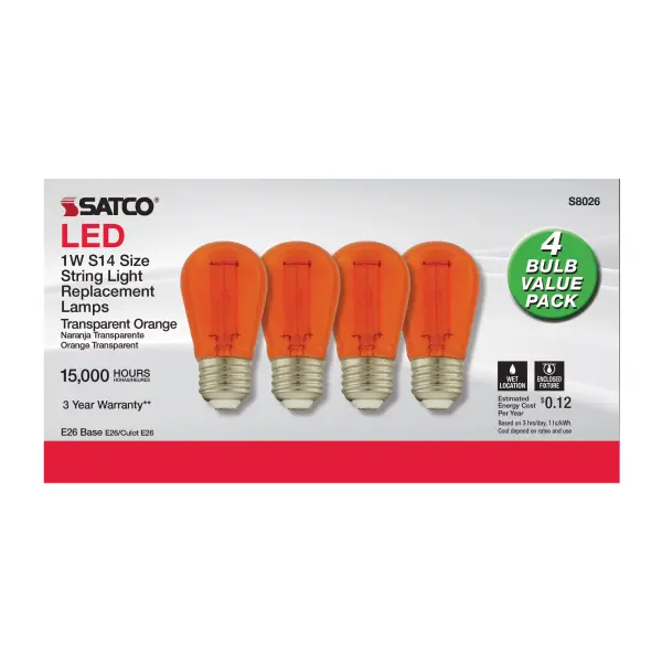 1 Watt - S14 LED Filament - Orange Transparent Glass Bulb - E26 Base - 120 Volt - Non-Dimmable - Pack of 4 - Image 2