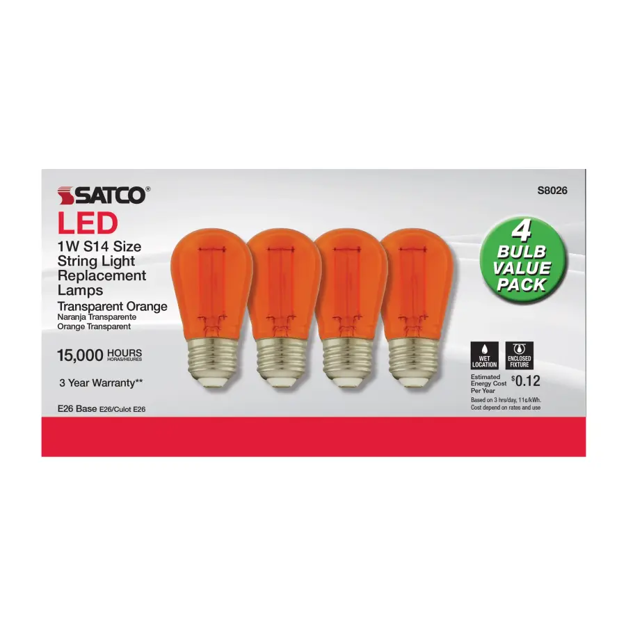 1 Watt - S14 LED Filament - Orange Transparent Glass Bulb - E26 Base - 120 Volt - Non-Dimmable - Pack of 4 - Image 2