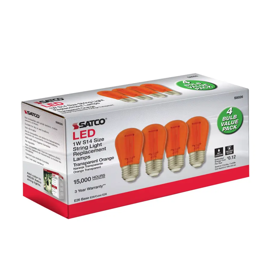1 Watt - S14 LED Filament - Orange Transparent Glass Bulb - E26 Base - 120 Volt - Non-Dimmable - Pack of 4 - Image 7