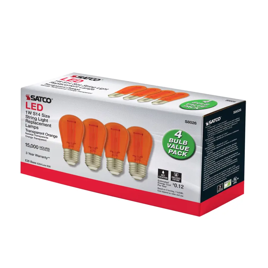 1 Watt - S14 LED Filament - Orange Transparent Glass Bulb - E26 Base - 120 Volt - Non-Dimmable - Pack of 4 - Image 8