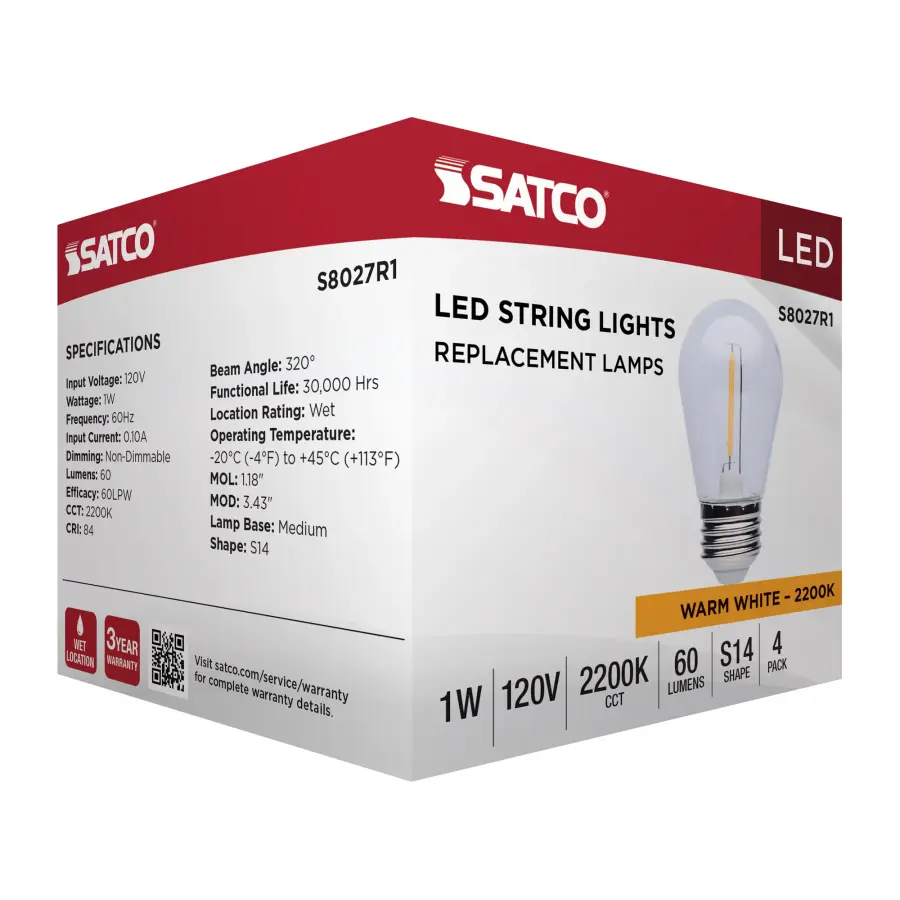 S14 LED String Light Replacement Lamp - Medium Base - 2200K - Clear - 120 Volt - 4-Pack - Image 8