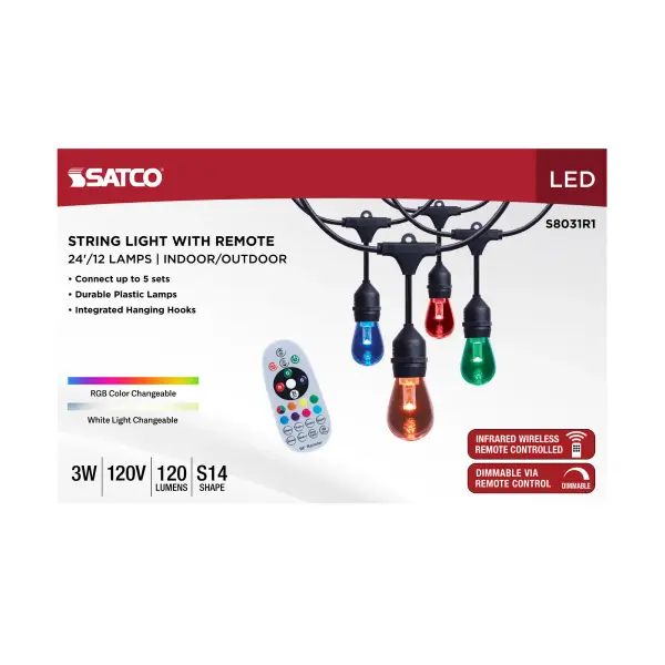 24 Foot LED String Light - 12-S14 Lamps - Medium Base - RGBTW - Infrared Remote - Black - 120 Volt - Image 13