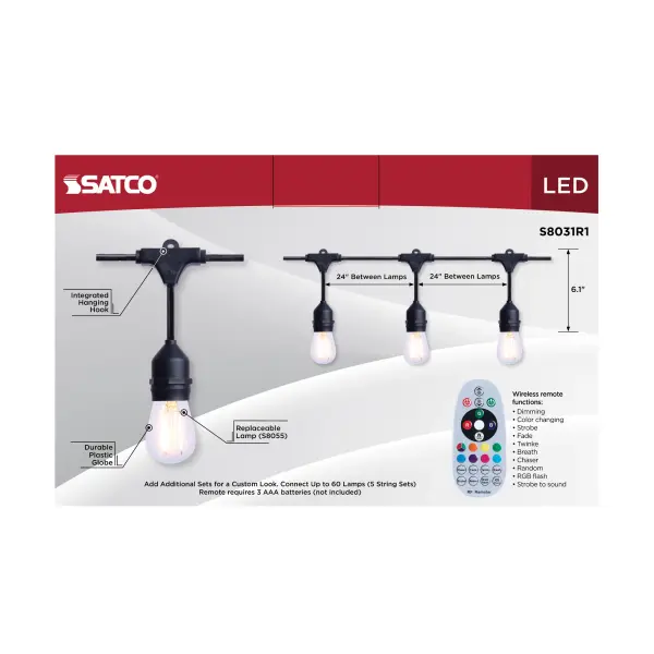 24 Foot LED String Light - 12-S14 Lamps - Medium Base - RGBTW - Infrared Remote - Black - 120 Volt - Image 14