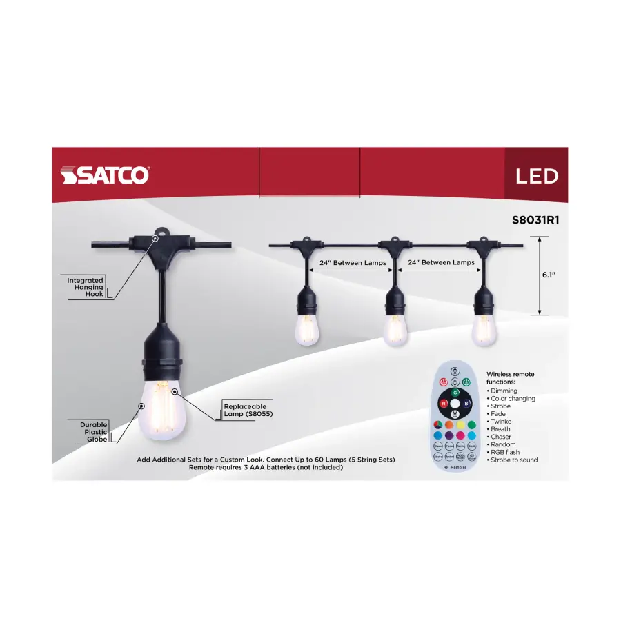 24 Foot LED String Light - 12-S14 Lamps - Medium Base - RGBTW - Infrared Remote - Black - 120 Volt - Image 14