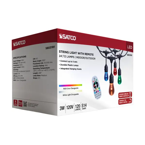 24 Foot LED String Light - 12-S14 Lamps - Medium Base - RGBTW - Infrared Remote - Black - 120 Volt - Image 17