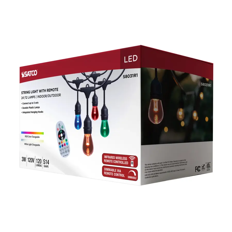 24 Foot LED String Light - 12-S14 Lamps - Medium Base - RGBTW - Infrared Remote - Black - 120 Volt - Image 18