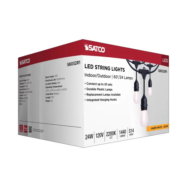 60 Foot LED String Light - 24-S14 Lamps - Medium Base - 2200K CCT - Black - Image 12