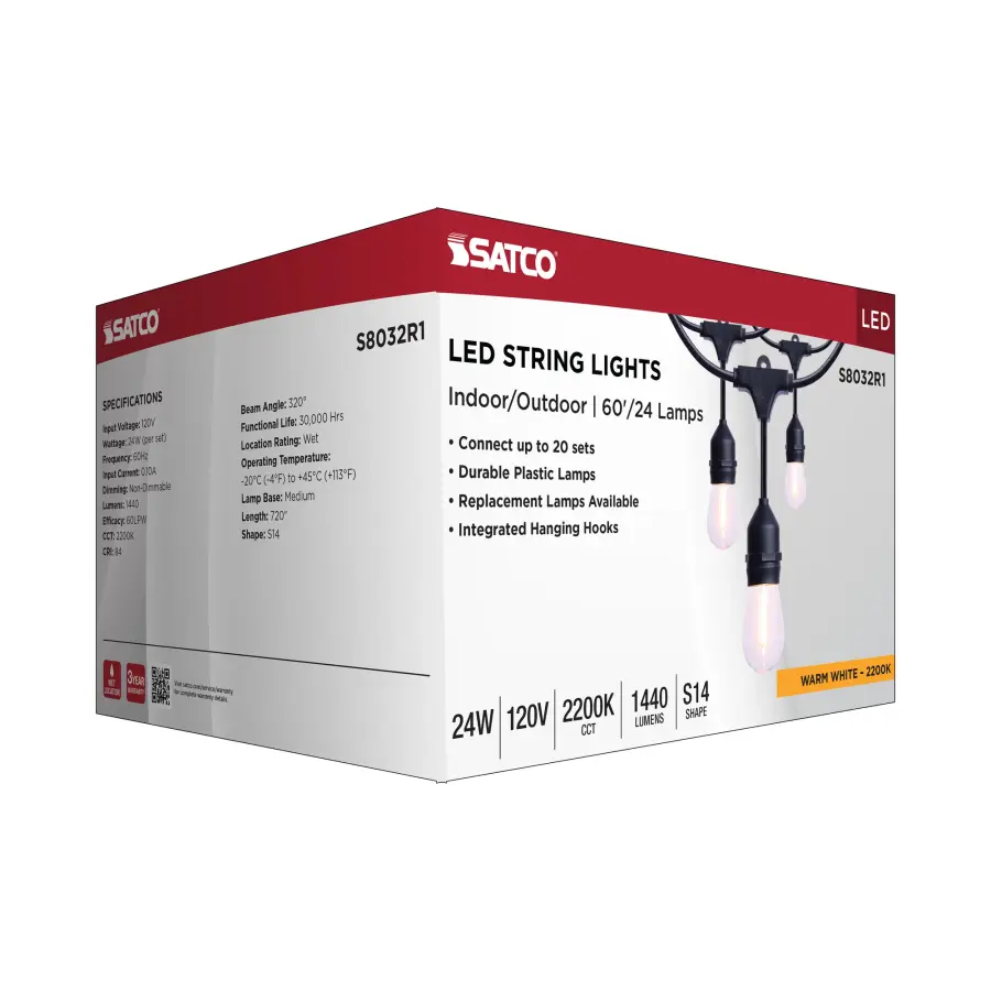 60 Foot LED String Light - 24-S14 Lamps - Medium Base - 2200K CCT - Black - Image 12
