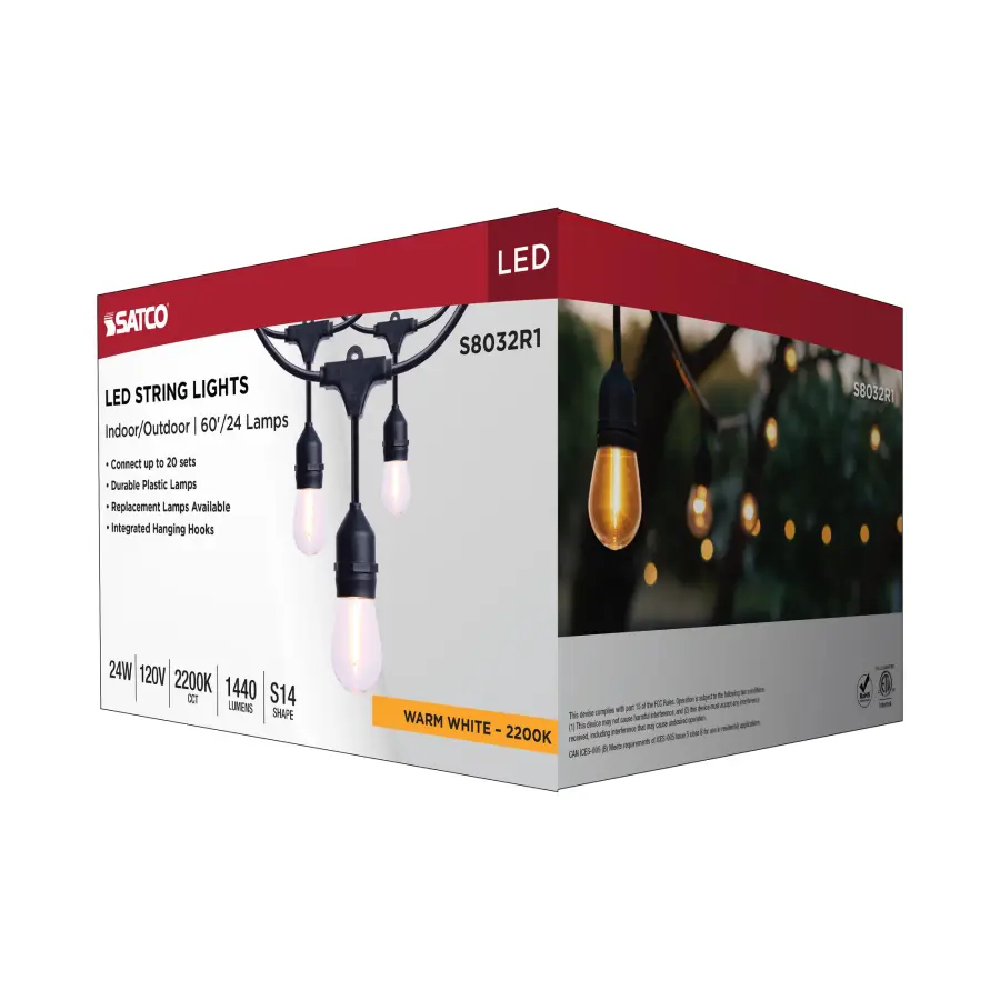 60 Foot LED String Light - 24-S14 Lamps - Medium Base - 2200K CCT - Black - Image 13