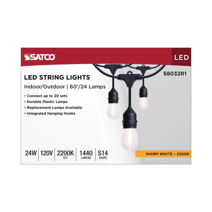 60 Foot LED String Light - 24-S14 Lamps - Medium Base - 2200K CCT - Black - Image 8